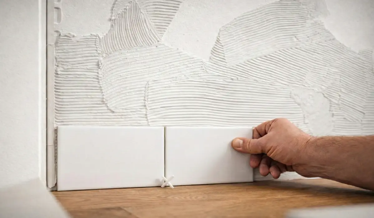 Handwerker bei der fachgerechten Verlegung von Wandfliesen in einem Badezimmer