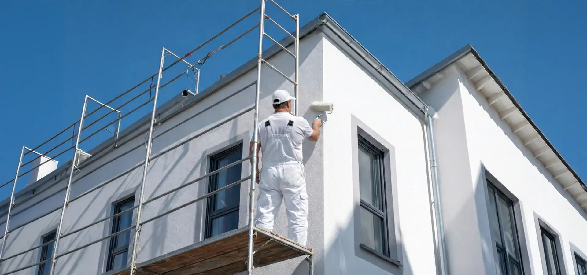 Nahaufnahme einer frisch sanierten und gestrichenen Hausfassade